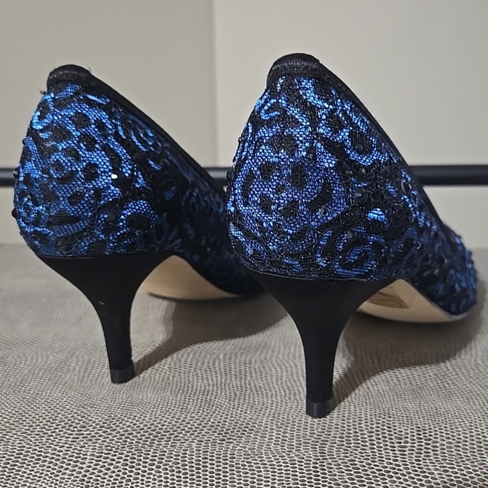 L Lorraine Navy And Black Sequin Lace Pointed-Toe Heels - Picture 5 of 13